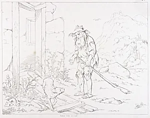(Rip Van Winkle, illustration) Rip Returns to His House in Ruins