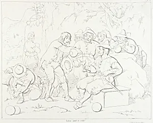 (Rip Van Winkle, illustration) Rip Serving Liquor to the Strange Men in the Mountains