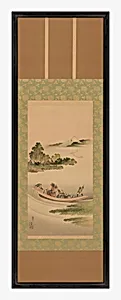 River landscape: ferry-boat and Mount Fuji