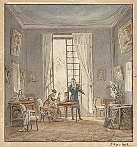 Salon Interior with Gabriel d'Arjuzon Playing the Violin and Pascalie Hosten, Comtess d'Arjuzon, Playing Guitar