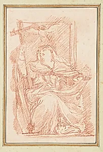 Seated female figure with cross and building model