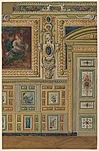 Section of a wall showing groups of painted panels, Oval Chamber, Salon Louis XIV, Palace of Fontainebleau, France