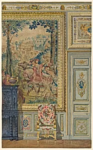 Section of a wall showing portion of Flemish tapestry, Tapestry room, Palace of Fontainebleau, France