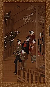 Seven women walking near a football court