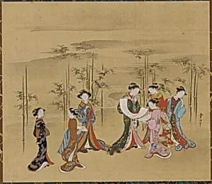 Seven young women in a bamboo grove