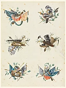 Six Trophies composed of Military Attributes