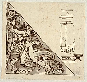 Sketch of Victory holding Bowknot and Trumpet; sketches of Wall Section and Stool by Felice Giani, Italian, 1758–1823