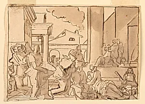 Sketch, Urban Exterior with Classical Architecture and Draped Figures