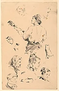 Sketches of Heads, a Hand, a Foot, and a Musician