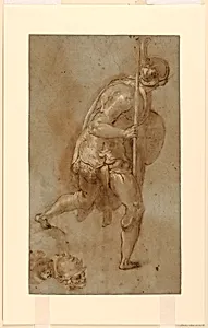 Soldier Running :Study for Figure in Left Foreground, "Betrayal of Christ," Rome, S. Maria della Consolazione, Matttei Chapel; Separate Studies of Two Heads