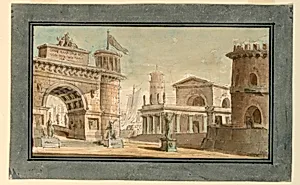 Stage Design, Group of Buildings Near Port