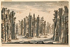 Stage Design, Group of Ruined Buildings with Obelisks by Unknown