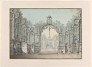 Stage Design of a Garden Setting with Fountains and Arbors