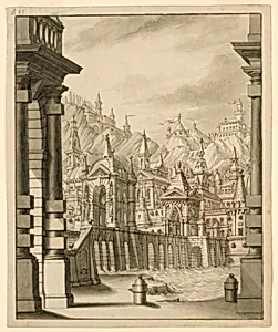 Stage Design, Town on Hill with Turreted Buildings