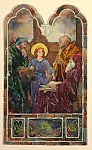 Stained glass window: Young Christ among the doctors