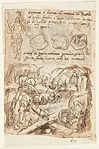 Standing figure,Oyster Shells [above]; Elephants Helping Each Other Out of a Trap [below] by Jan van der Straet, called Stradanus, Flemish, 1523–1605