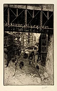 Street Scene under Steel Bridge