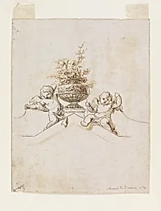 Study for a Painted Wall Decoration: Two Putti beside a Vase with Flowers
