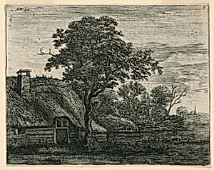 Thatched Cottage by a Swamp in the Evening Light
