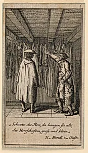 The Costume Dealer, Illustration of the Play "Nicht mehr als sachs Schuesseln" by Fredrich Wilhelm Grossman in "KÃ¶nigl: Grosbrit [anische] Genealogischer Kalender auf das 1782 Jahr Lauenberg bey J.G. Berenberg"