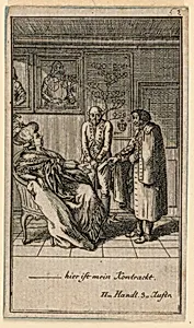 The Elderly Woman Hires a Man, Illustration of the Play "Nicht mehr als sachs Schuesseln" by Fredrich Wilhelm Grossman in "KÃ¶nigl: Grosbrit [anische] Genealogischer Kalender auf das 1782 Jahr Lauenberg bey J.G. Berenberg"