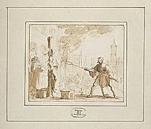 The Execution by Gunpowder of Hendrik Eemkens in 1562 in Utrecht, design for illustration in T.J. van Bragt, "Het bloedig tooneel, of Martelaers spiegel der doopsgesinde of weereloose christenen (The Mirror of Martyrs), 1685.