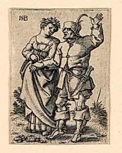 The Wedding Procession: Couple walking left, woman wearing a wreath