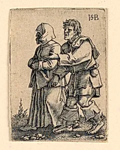The Wedding Procession: Couple walking left, woman wearing a bonnet