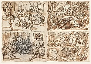 Theagenes taming the Bull in Ethiopia [above left]; Theagenes taming the Bull in Ethiopia [below left]; Dragon Hunt in India [above right]; Dragon Hunt in India [below right].