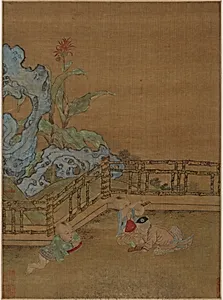 Three children playing on a garden terrace