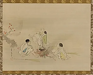 Three gardeners of the Emperor Takakura heating sake over a fire of maple leaves
