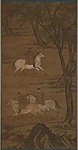 Three horsemen riding under willows