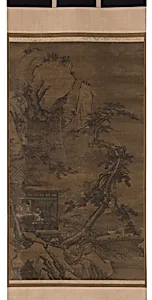 Three scholars in a pavilion composing poetry