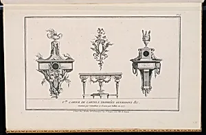 Title Page and Designs for Cartel Clock Cases, Trophy, and Console Table by Henri Sallembier, French, ca. 1753 - 1820