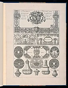 Title Page and Goldsmithâs Designs for Boxes and Bottles