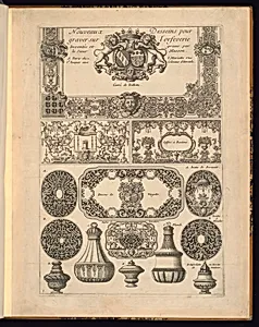 Title Page and Goldsmithâs Designs for Boxes and Bottles