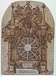 Triumph of Death with three fates in an architectural frame above a wheel of fortune flanked by skeletons; a skull and an hour glass at top and with wheel intended to spin at center