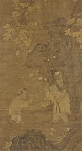 Two boys playing with the puppet of a lion