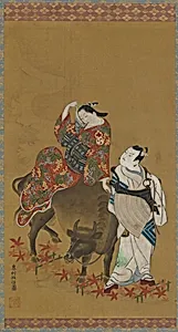 Two kabuki actors in the roles of a courtesan on a water buffalo and a traveling priest