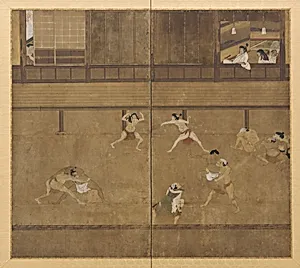Two-panel screen depicting wrestlers by Unknown