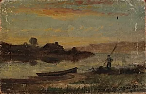 Untitled (landscape, boat moored near bank with man walking)
