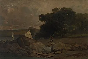 Untitled (landscape with rocks, man and sailboats)