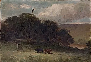 Untitled (landscape with trees and two cows in meadow)