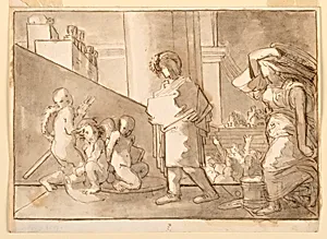 Urban Scene with Draped Figure, Putti, and Woman Carrying Basket