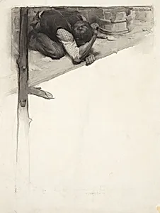 Vignette: Man Crouching on a Scaffolding