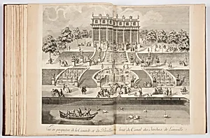 Vue en perspective de la Cascade et du Pavillon au bout du Canal des Jardins de LunÃ©ville.