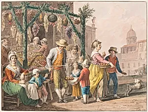 Water color; A fruit stall in Naples at Christmas