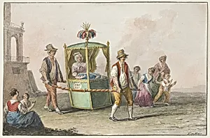 Water color; A midwife with a baby on the way to church for christening