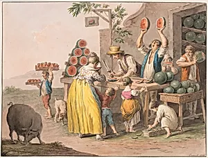 Water color; A Neapolitan watermelon shop