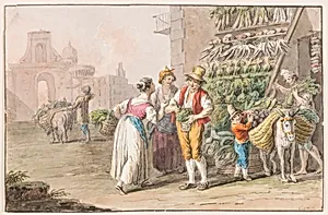 Water color; A vegetable stall